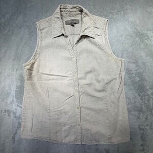 Vintage Croft & Barrow Large Tan White 100% Cotton Seersucker Sleeveless Top